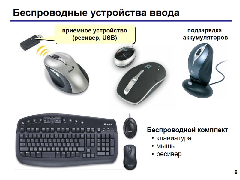 6 Беспроводные устройства ввода приемное устройство (ресивер, USB) Беспроводной комплект клавиатура мышь ресивер подзарядка